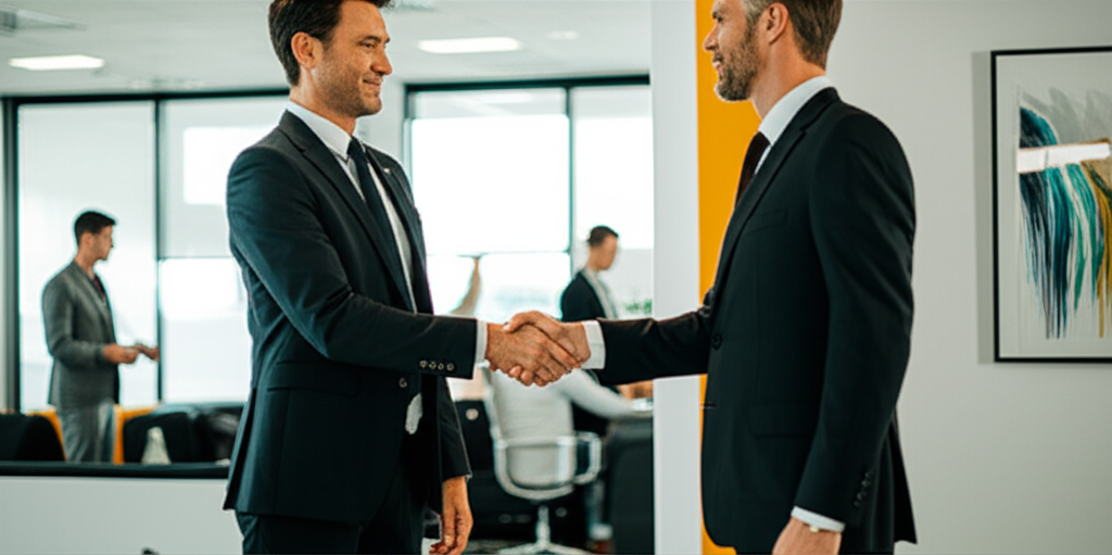 Two executive men handshaking, symbolizing successful partnership